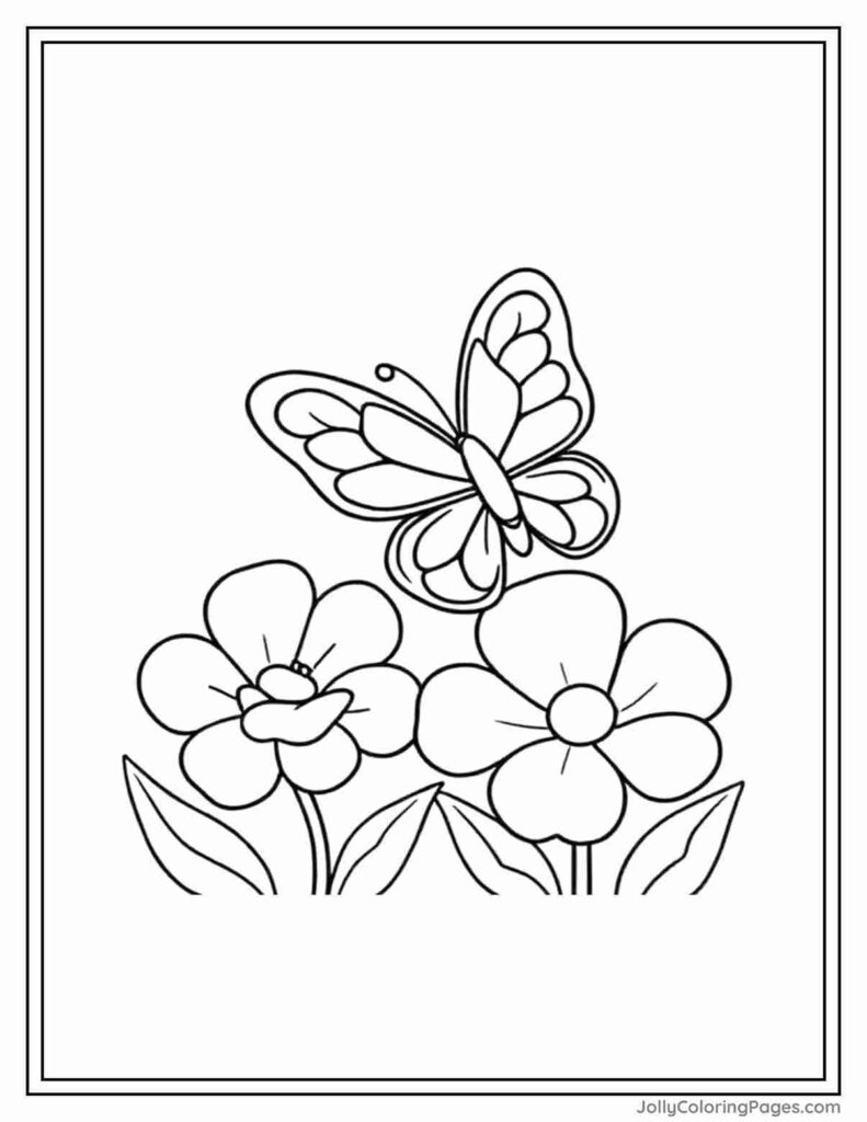 Butterfly On Flowers Coloring Page