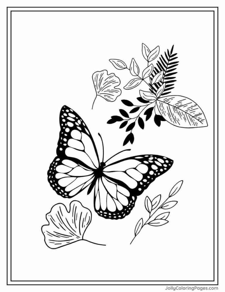 Monarch Butterfly with Intricate Leaves Coloring Sheet