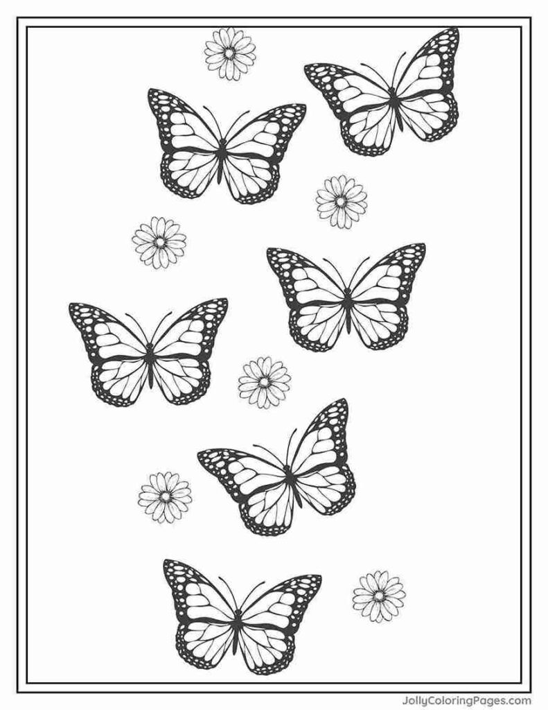 Multiple Monarch Butterflies and Flowers
