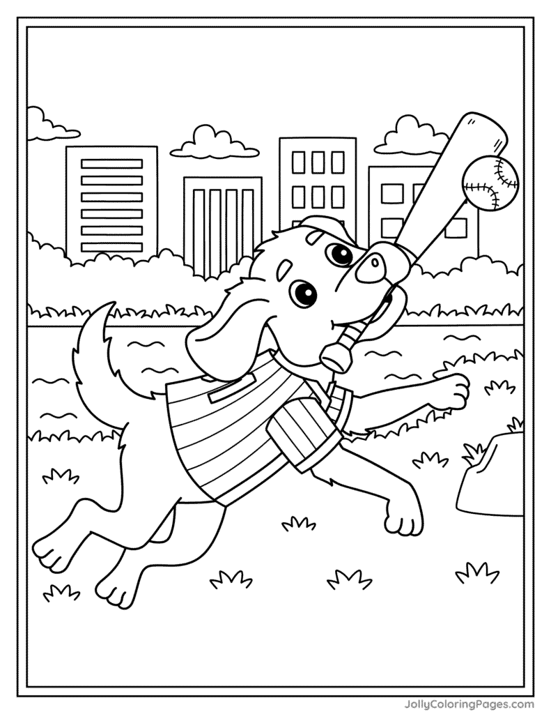 Baseball Dog Playing Coloring Page for Kids