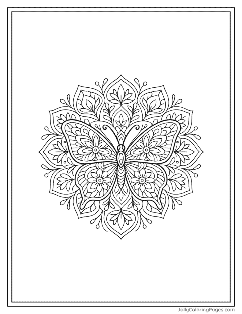 Butterfly on Flower Mandala Art Coloring Page
