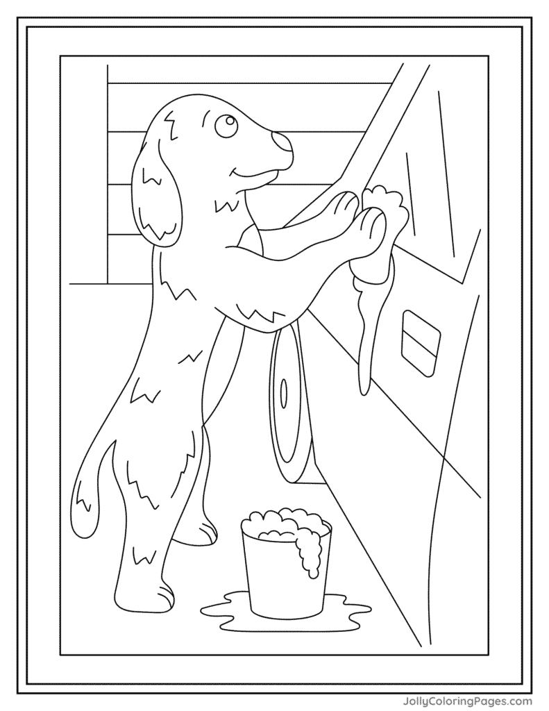 Cartoon Dog innocently cleaning the car