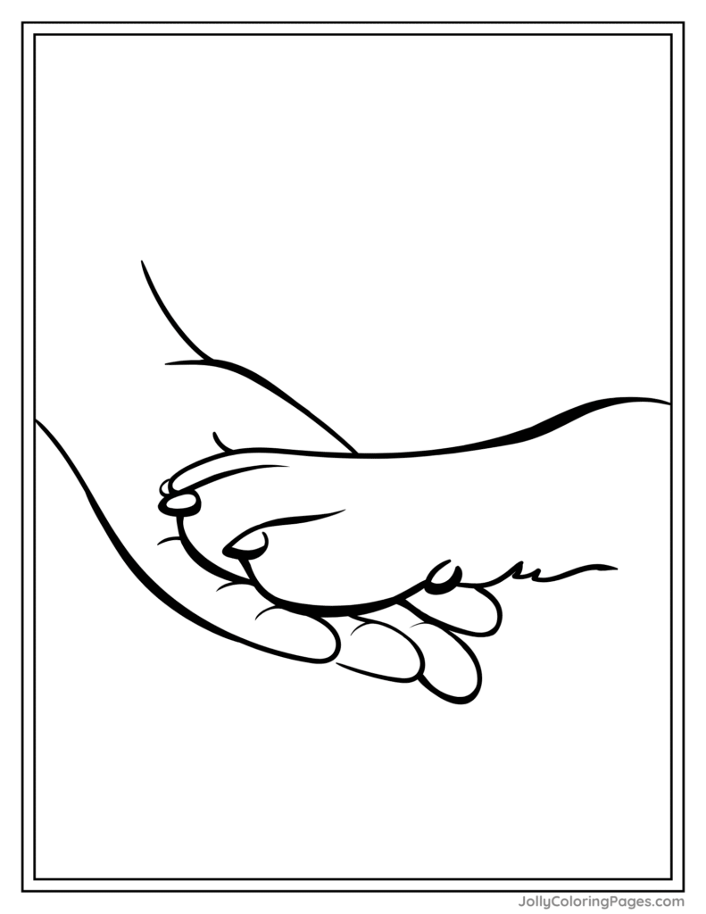 Human hand and dog paw coloring page for adults