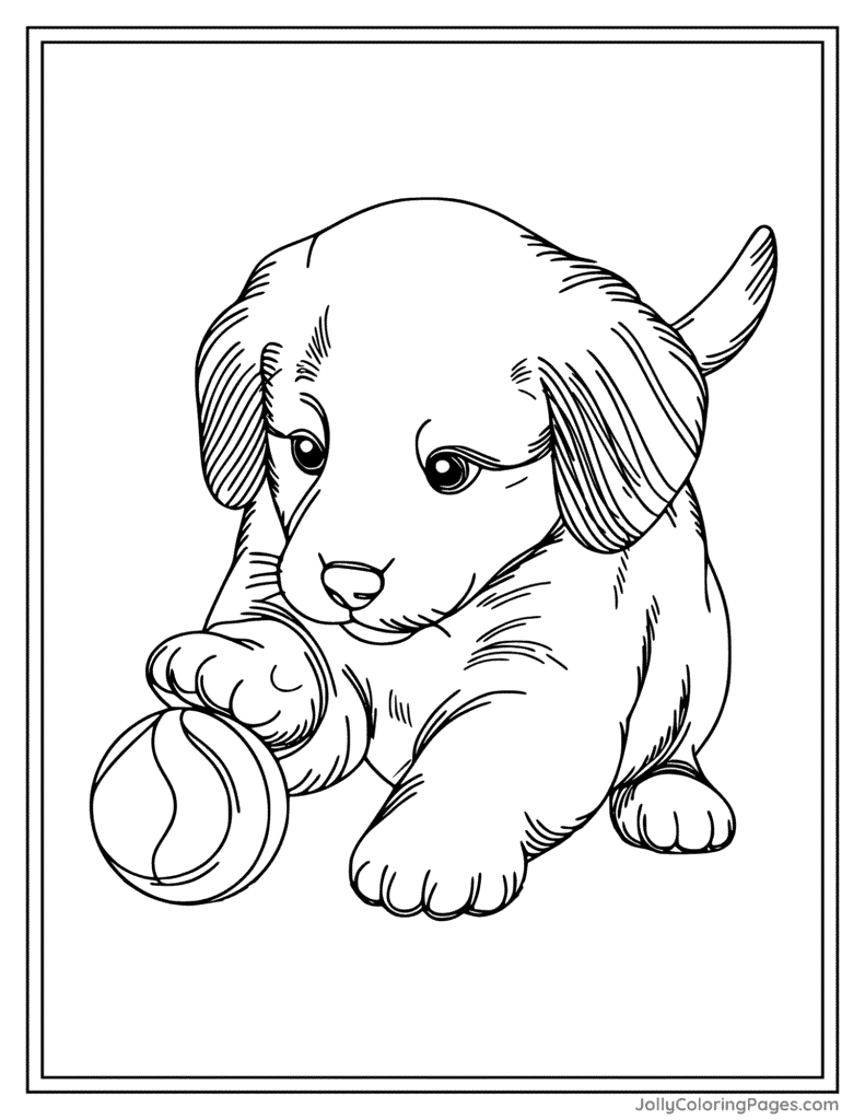Realistic Puppy dog with ball coloring page