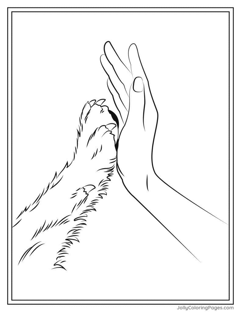 Womens hand and dog's paw to color for adults